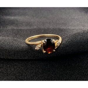 Vintage 14K Solid Gold 1905 Signed Garnet Ring With Diamond Accents Size 8.5